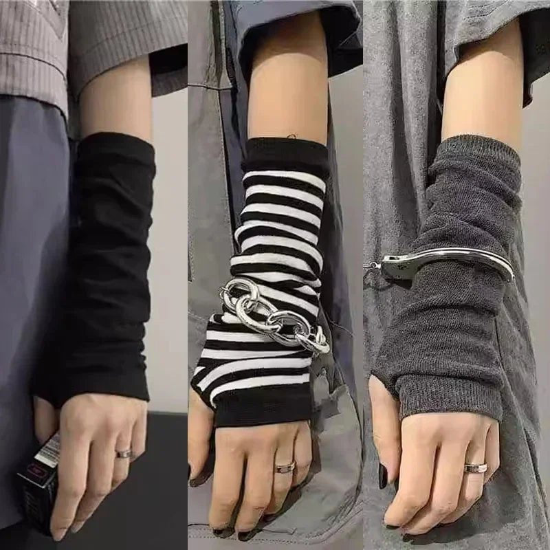 Striped Long Fingerless Arm Warmers (Multi-Colour) - AltBrat