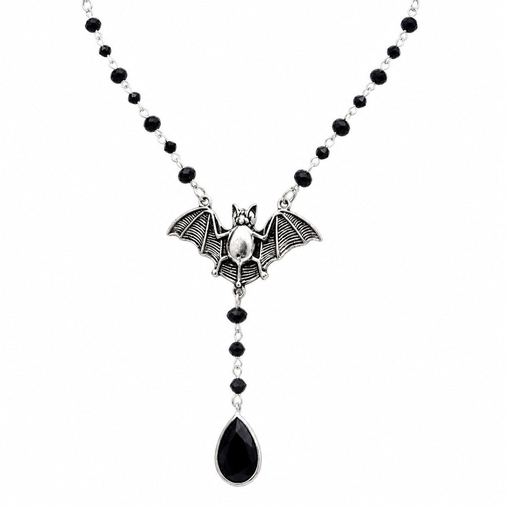 Gothic Bat Necklace with Black Crystal Beads - AltBrat