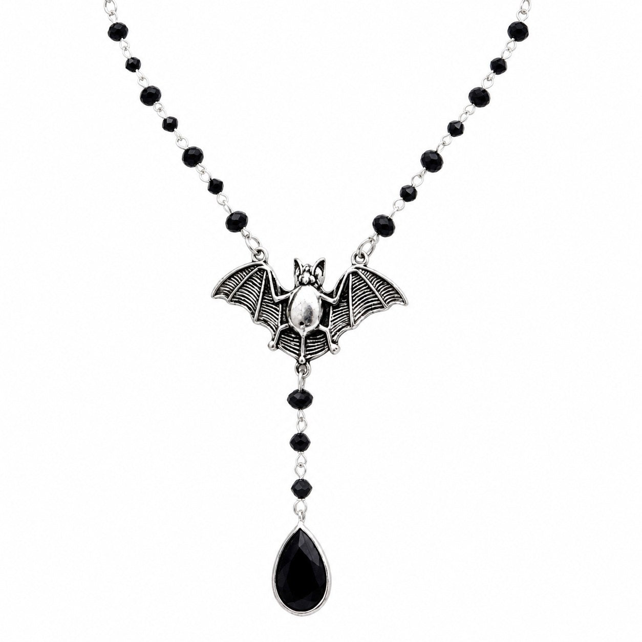 Gothic Bat Necklace with Black Crystal Beads - AltBrat