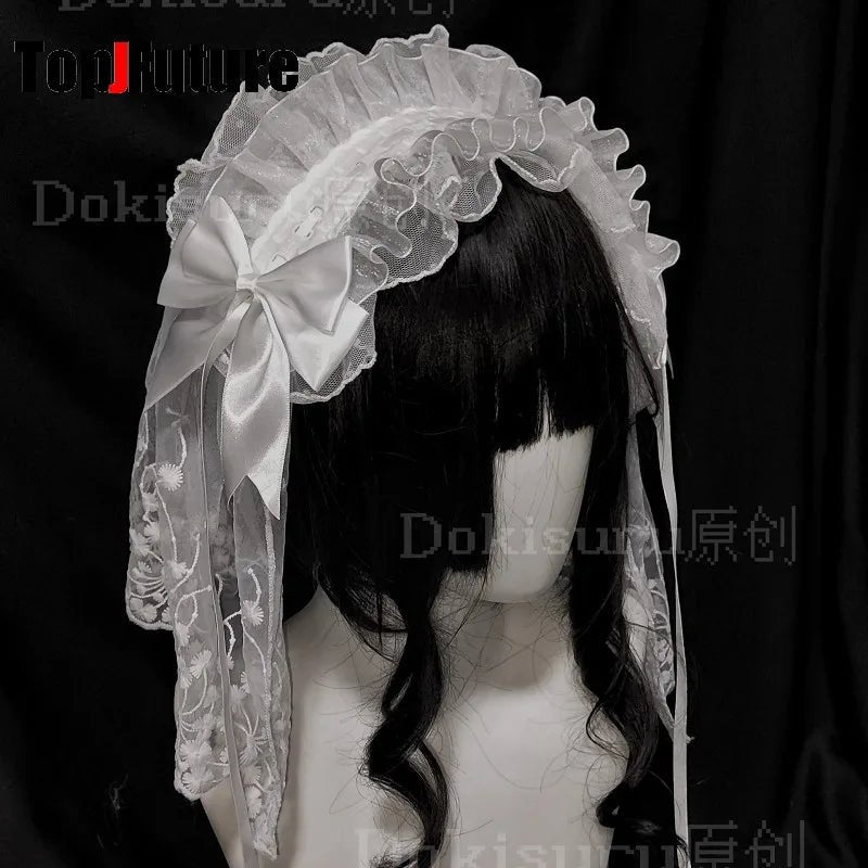 Veil style Women's Harajuku Steampunk Y2K Headwear Ruffled Floral Lace Bow Headband Lolita Gothic Headwear Hair Accessor - AltBrat