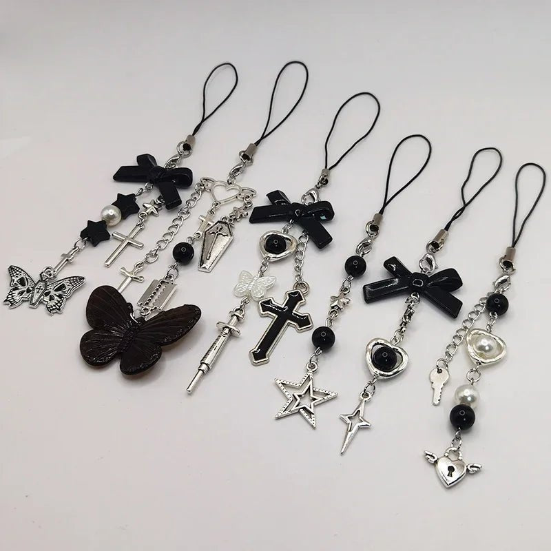 Black Punk Y2K Phone Pendant Chain Cool Girl Sweet Pink Beaded Charm With Cross Butterfly Love Accessories For iPhone Ca - AltBrat