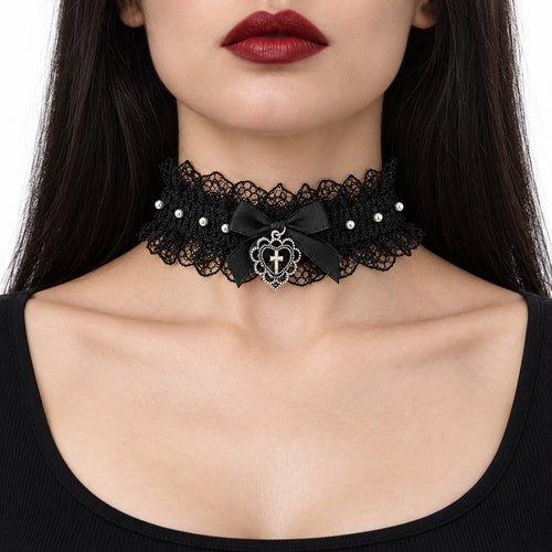 Black Lace Bow Cross Choker