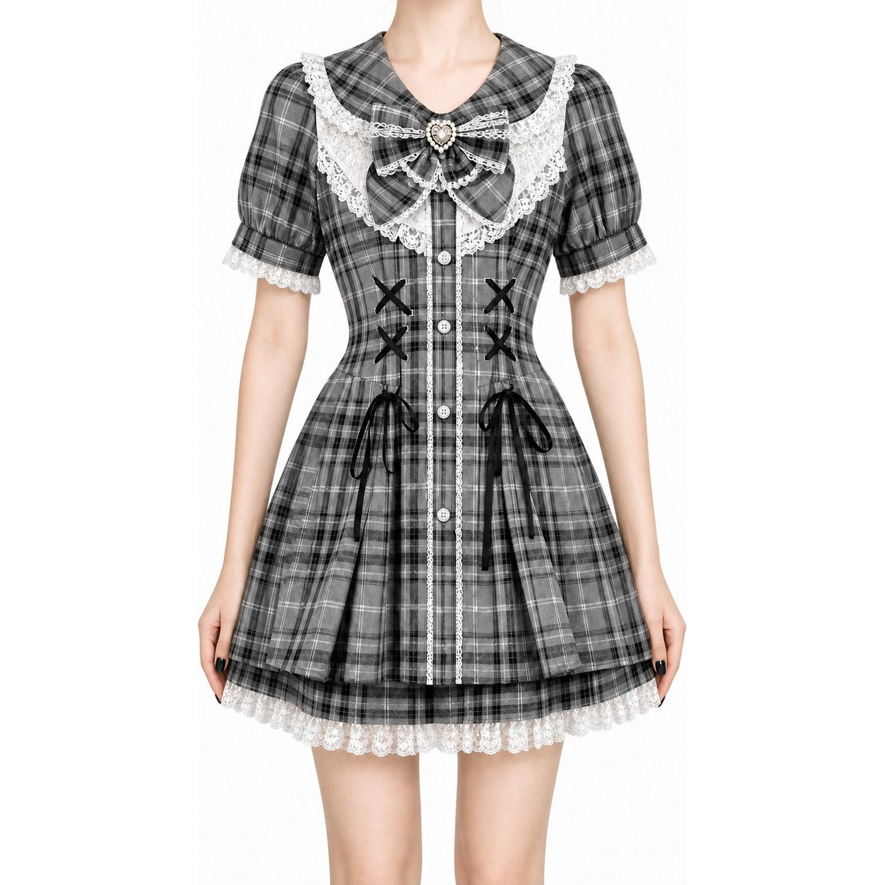 Bow Lace Dress (Black & Pink) worn on model - AltBrat