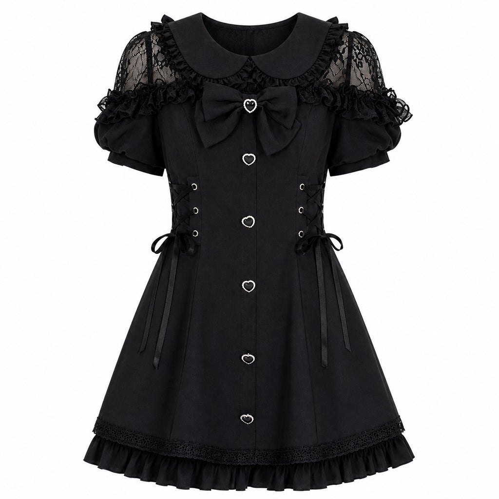 Bow Lace Heart Button Lolita Dress - AltBrat