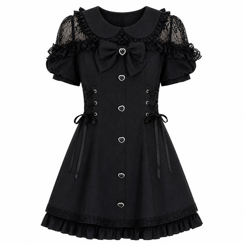 Bow Lace Heart Button Lolita Dress - AltBrat