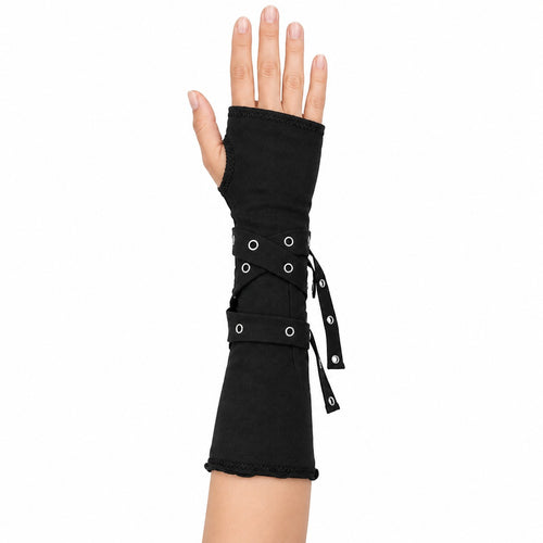 Long Black Fingerless Arm Gloves with Eyelet Straps