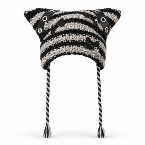 Cat Ear Ear-Flap Beanie with Pompoms
