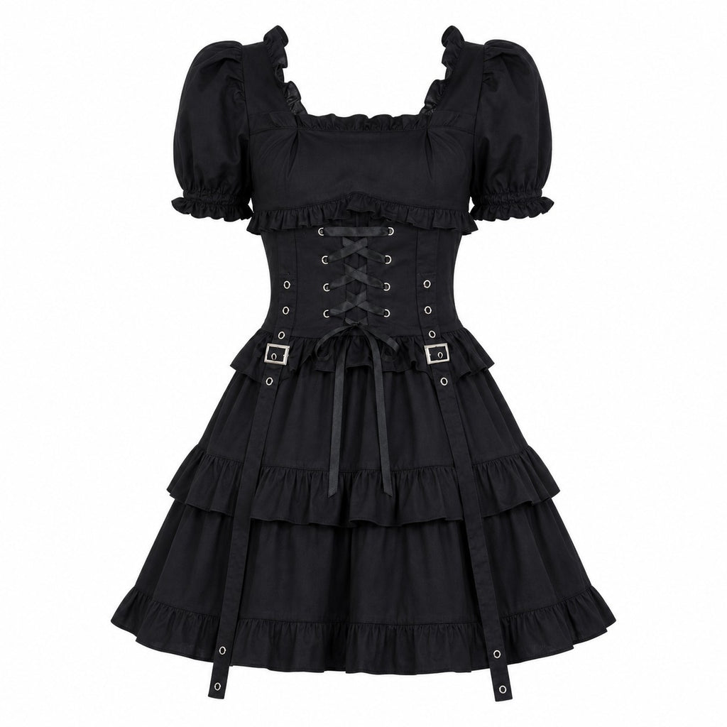 Gothic Lolita Ruffle Lace-Up Dress - AltBrat