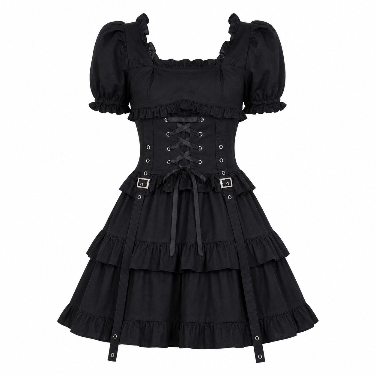Gothic Lolita Ruffle Lace-Up Dress - AltBrat