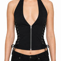 Halter Lace-Up Zip Crop Top with Cross - AltBrat