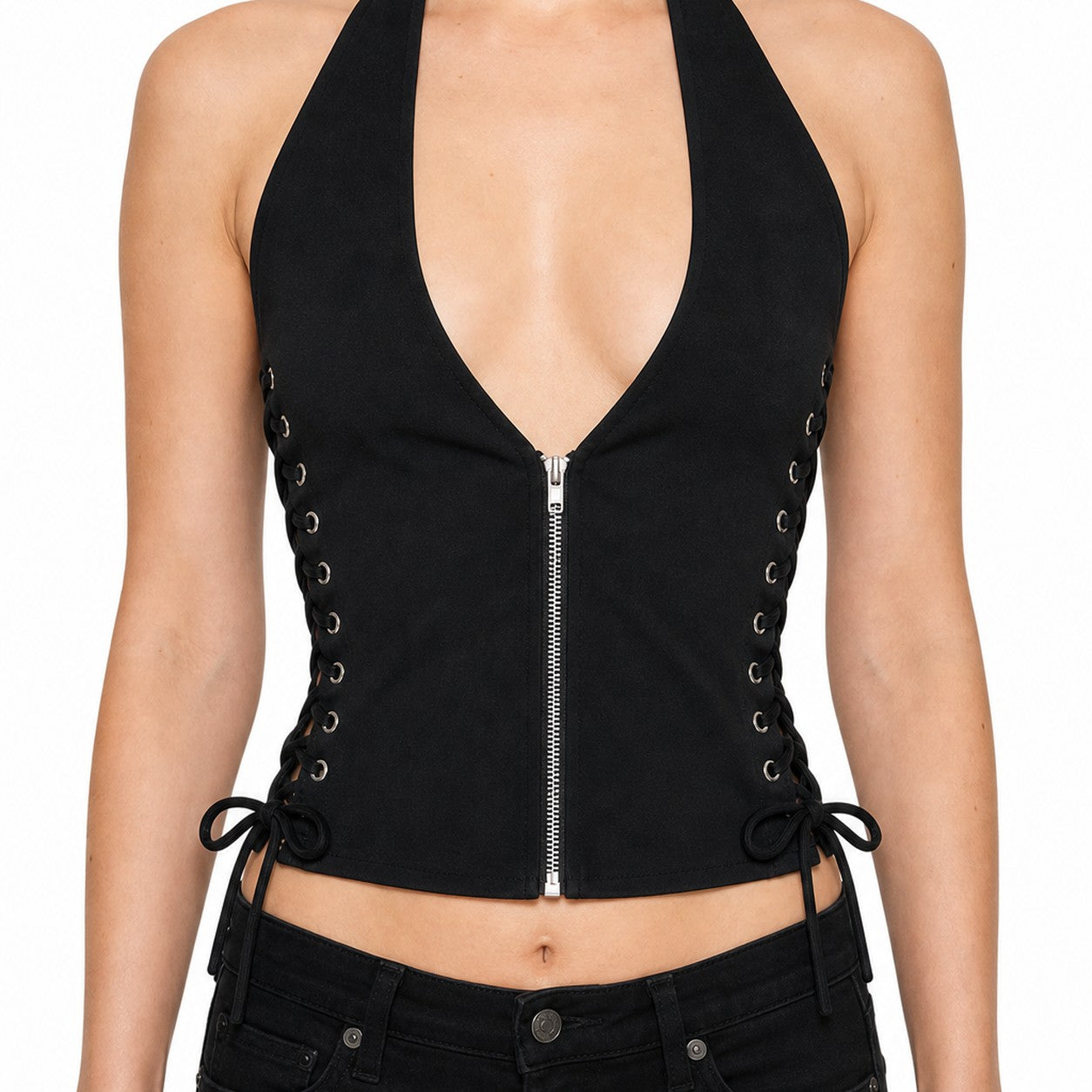 Halter Lace-Up Zip Crop Top with Cross - AltBrat