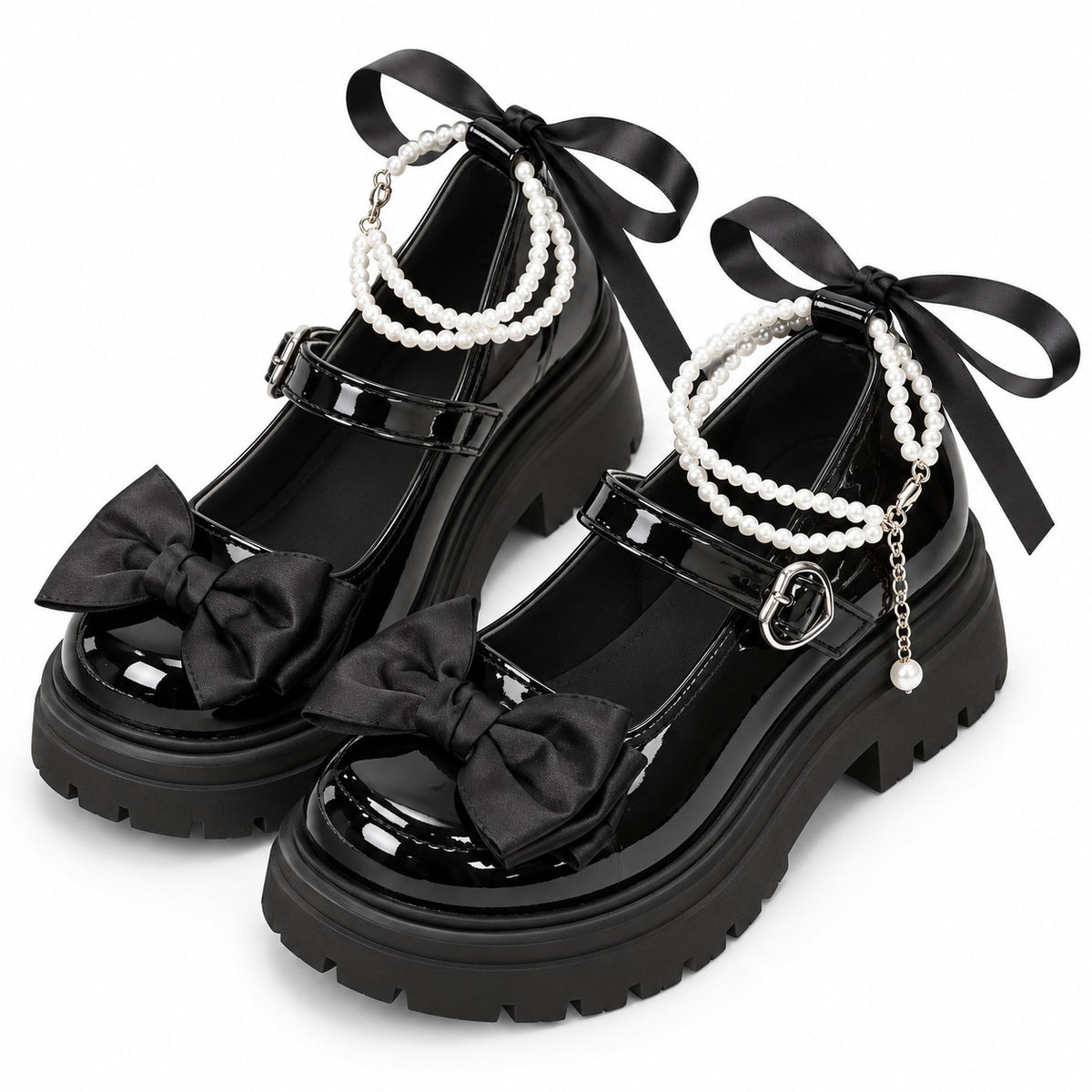 Heart Buckle Bow & Pearl Chain Mary Janes