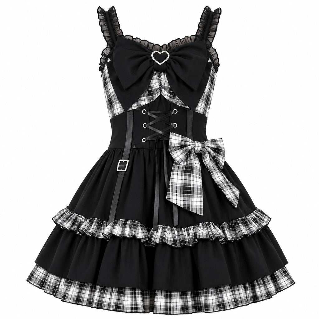 Plaid Lace-Up Heart Bow Lolita Dress - AltBrat