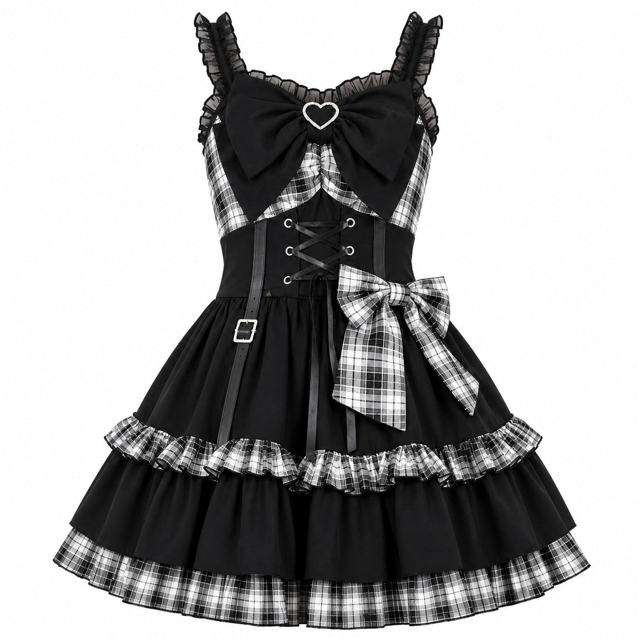 Plaid Lace-Up Heart Bow Lolita Dress - AltBrat