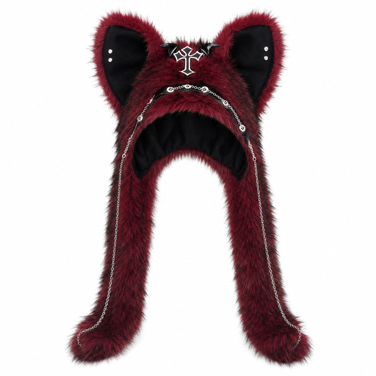 Furry Cat Ear Hat with Cross, Chains & Ear Flaps
