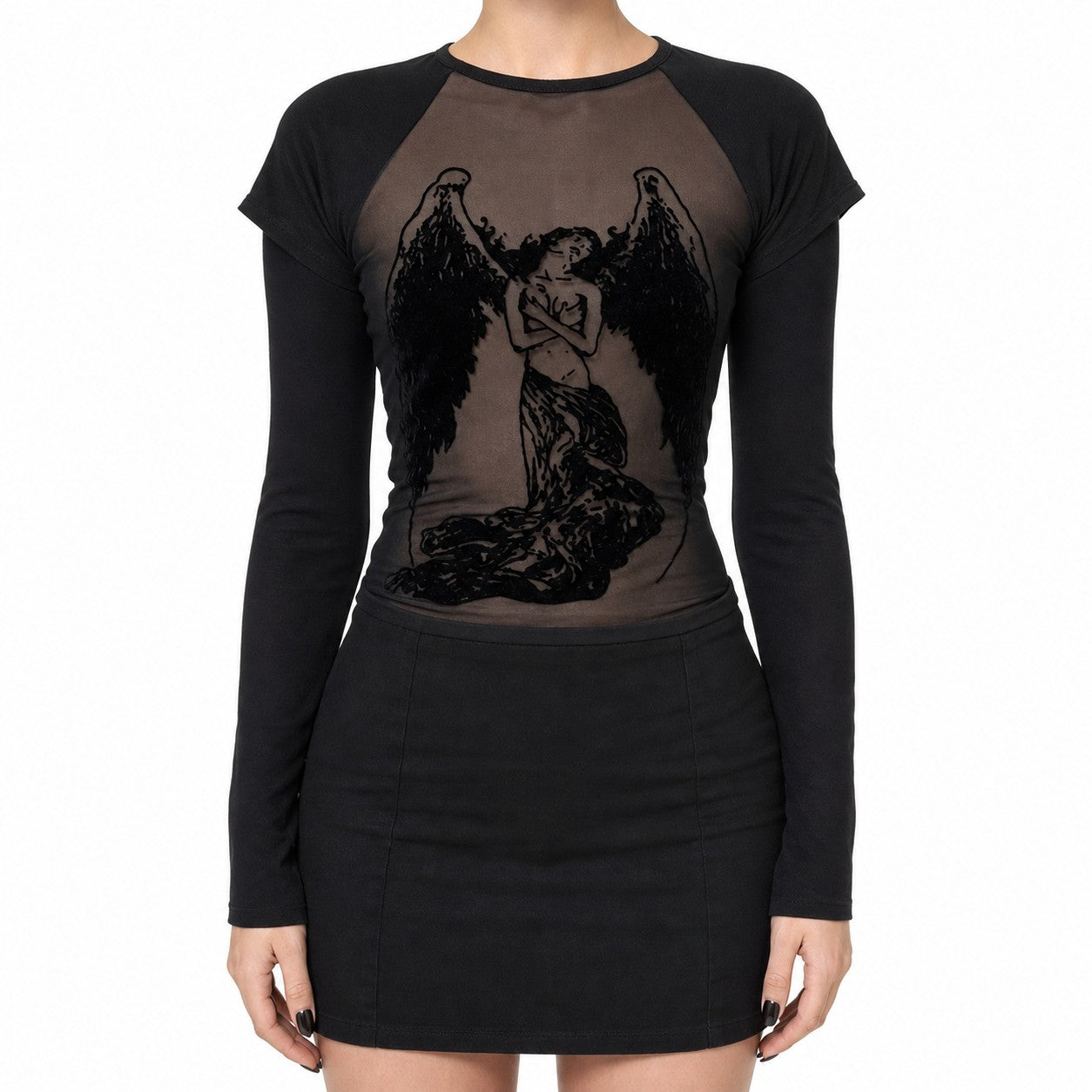 Fallen Angel Print Sheer Mesh Top