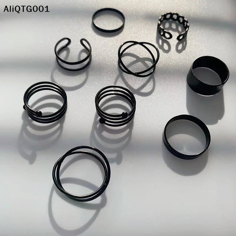 3/6pcs Vintage Black Punk Rings Set for Women Girls Simple Metallic Geometric Fashion Accessories - AltBrat