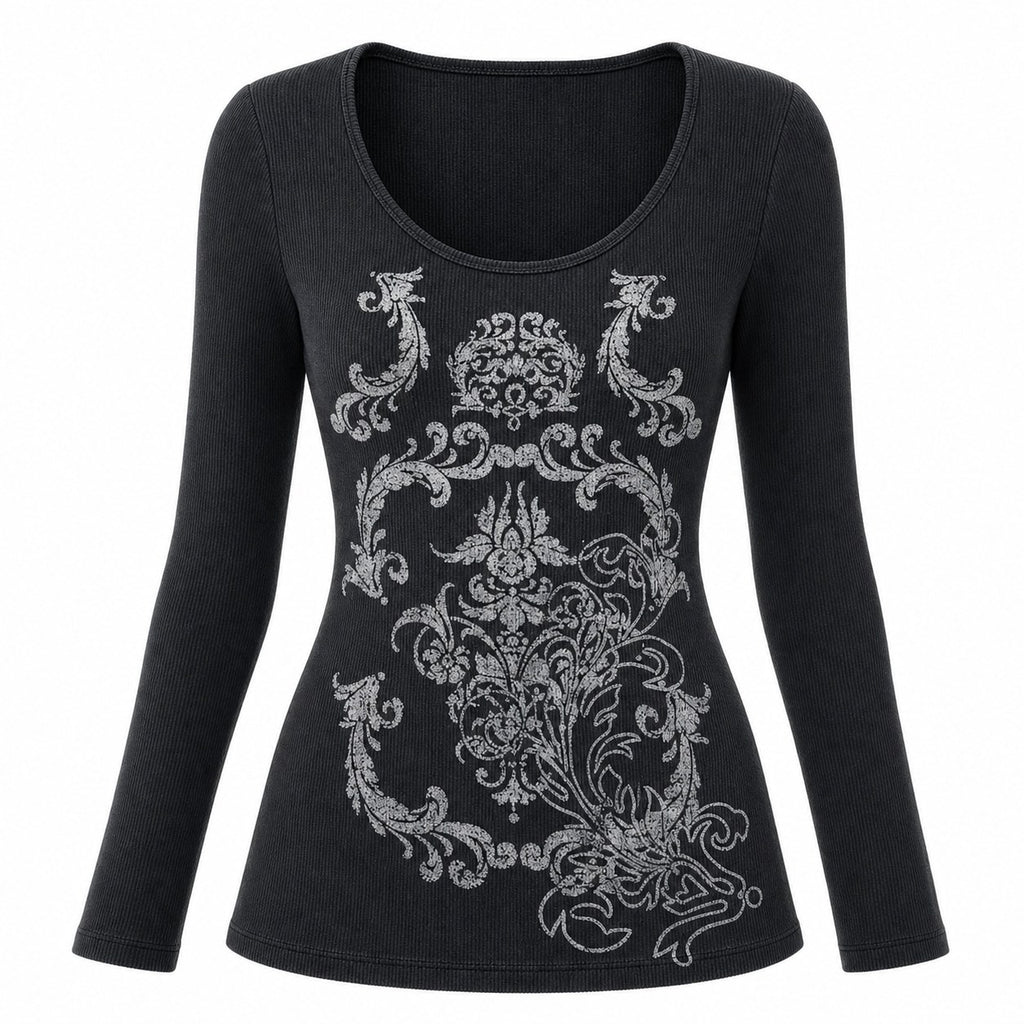 Baroque Filigree Print Waffle Long Sleeve Top - AltBrat