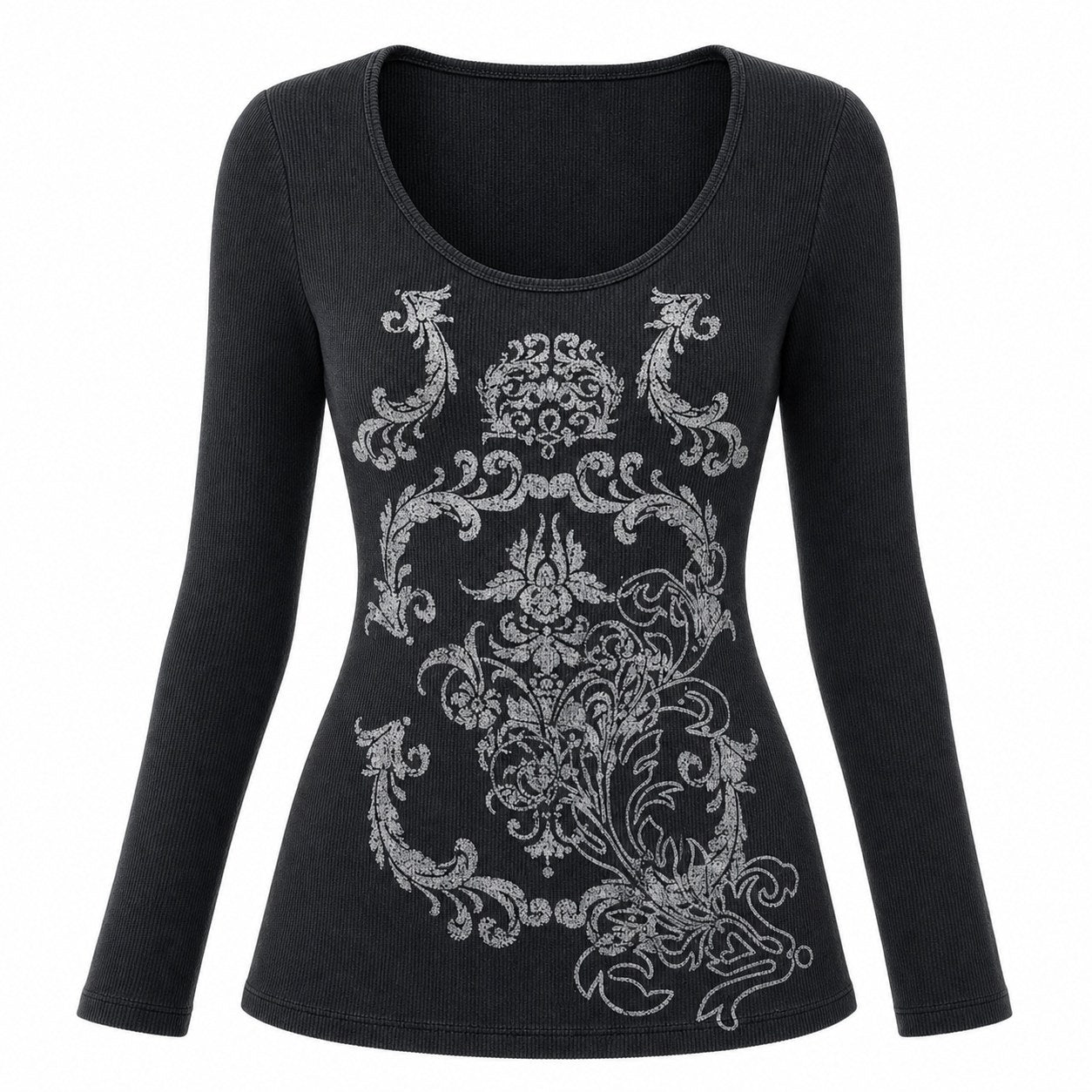 Baroque Filigree Print Waffle Long Sleeve Top - AltBrat