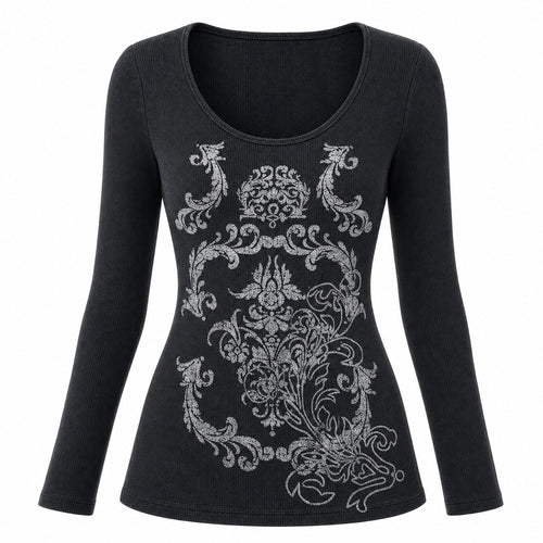 Baroque Filigree Print Waffle Long Sleeve Top - AltBrat