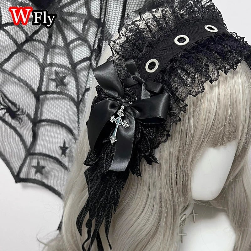 Women's Harajuku Steampunk Y2K Wing Headwear Bow Headband Lolita Gothic Dark Angel Headwear and Hair Accessories - AltBrat