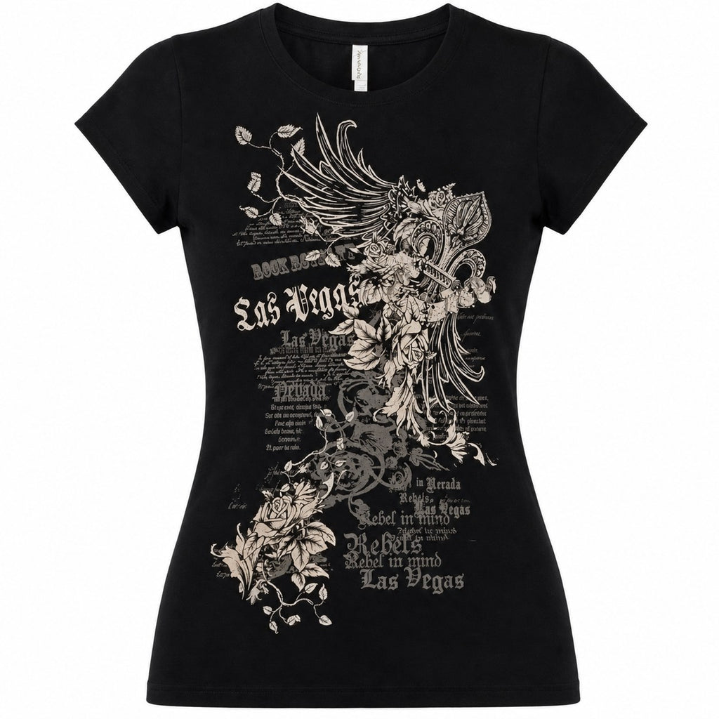 Winged Cross Rose Print Y2K Baby Tee - AltBrat