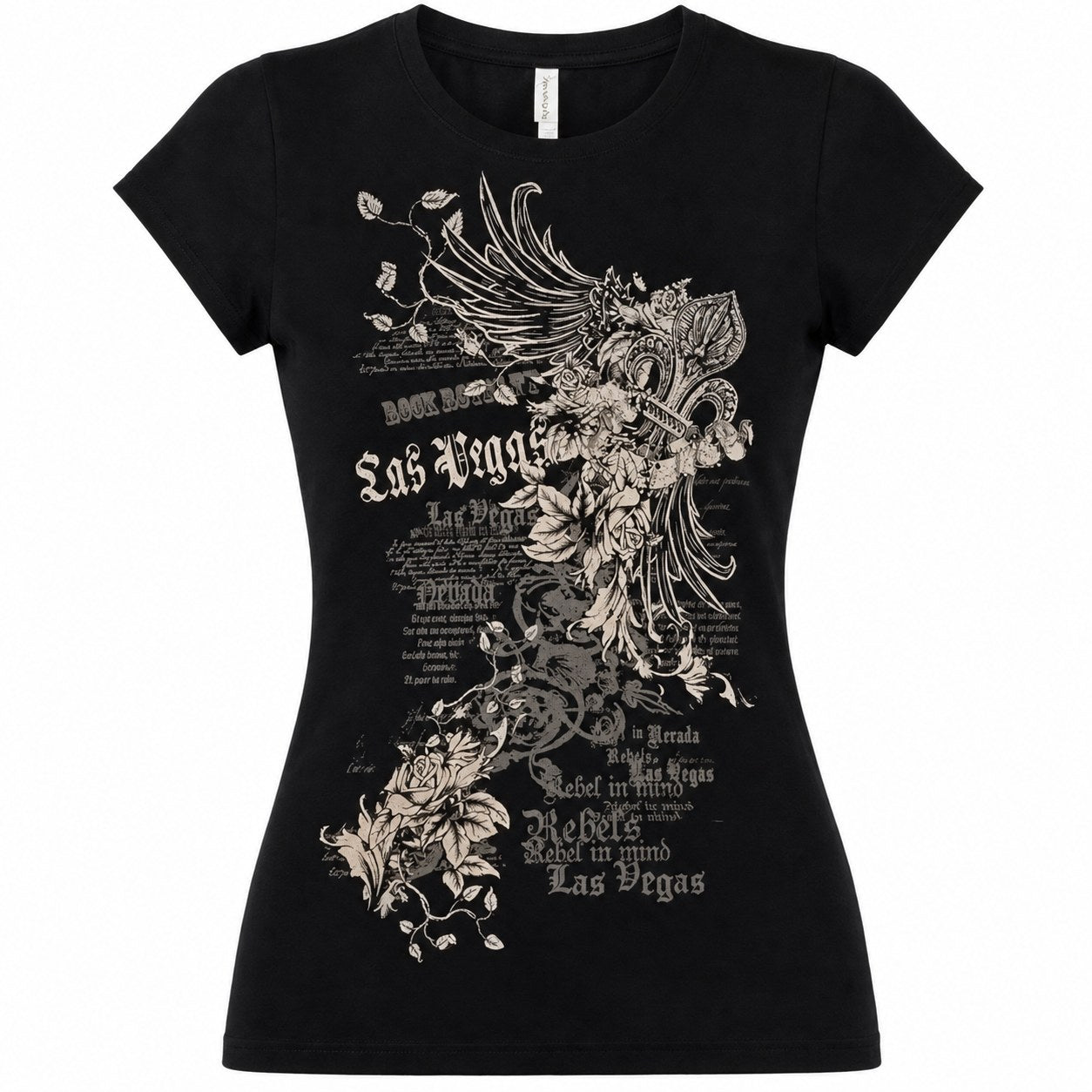 Winged Cross Rose Print Y2K Baby Tee - AltBrat