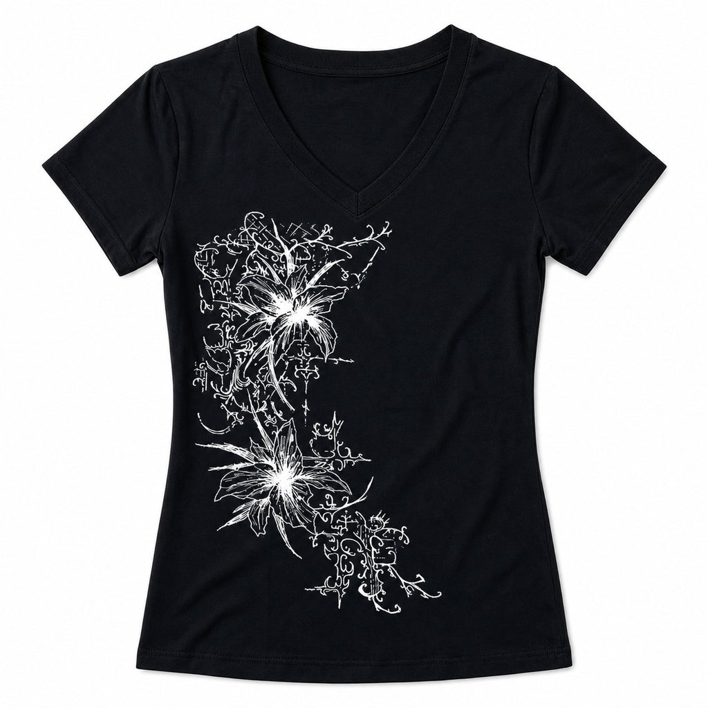 White Floral Fairy Grunge Print V-Neck Tee - AltBrat