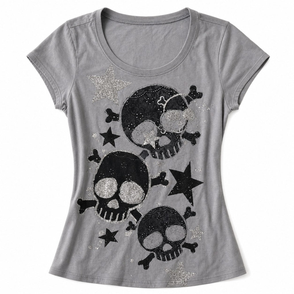 Skull, Crossbones & Stars Print Cap Sleeve Tee - AltBrat