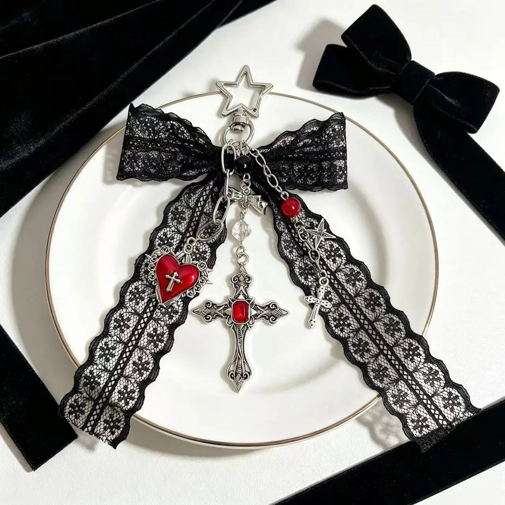 Gothic Black Lace Bow Cross Heart Tassels Star Key Chains Charms Y2K Red Crystal Pendant Keyring for Bags & Keys Accesso - AltBrat