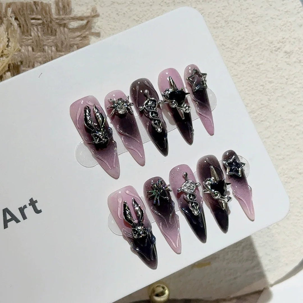 Long Stiletto Press on Fake Nails Blue Heart Diamond Bow Decoration False Nail Y2K Fashion Artificial Nail Handmade Acry - AltBrat