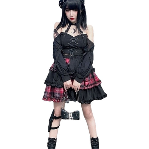Red Grid Puff Skirt - Skirts for Jirai Kei, gothic & kawaii style | Cute Splikes