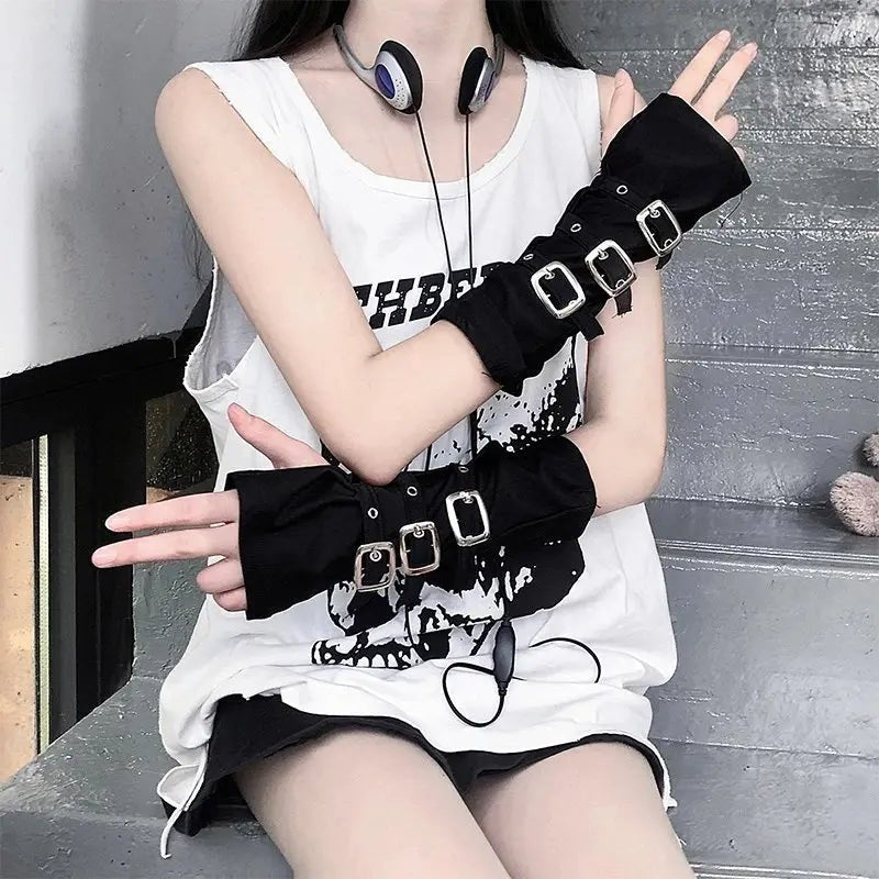 Fashion Personality Buckle Straps Punk Style Women Spandex Fingerless Gloves Lolita Cosplay Stage Performances Street Da - AltBrat
