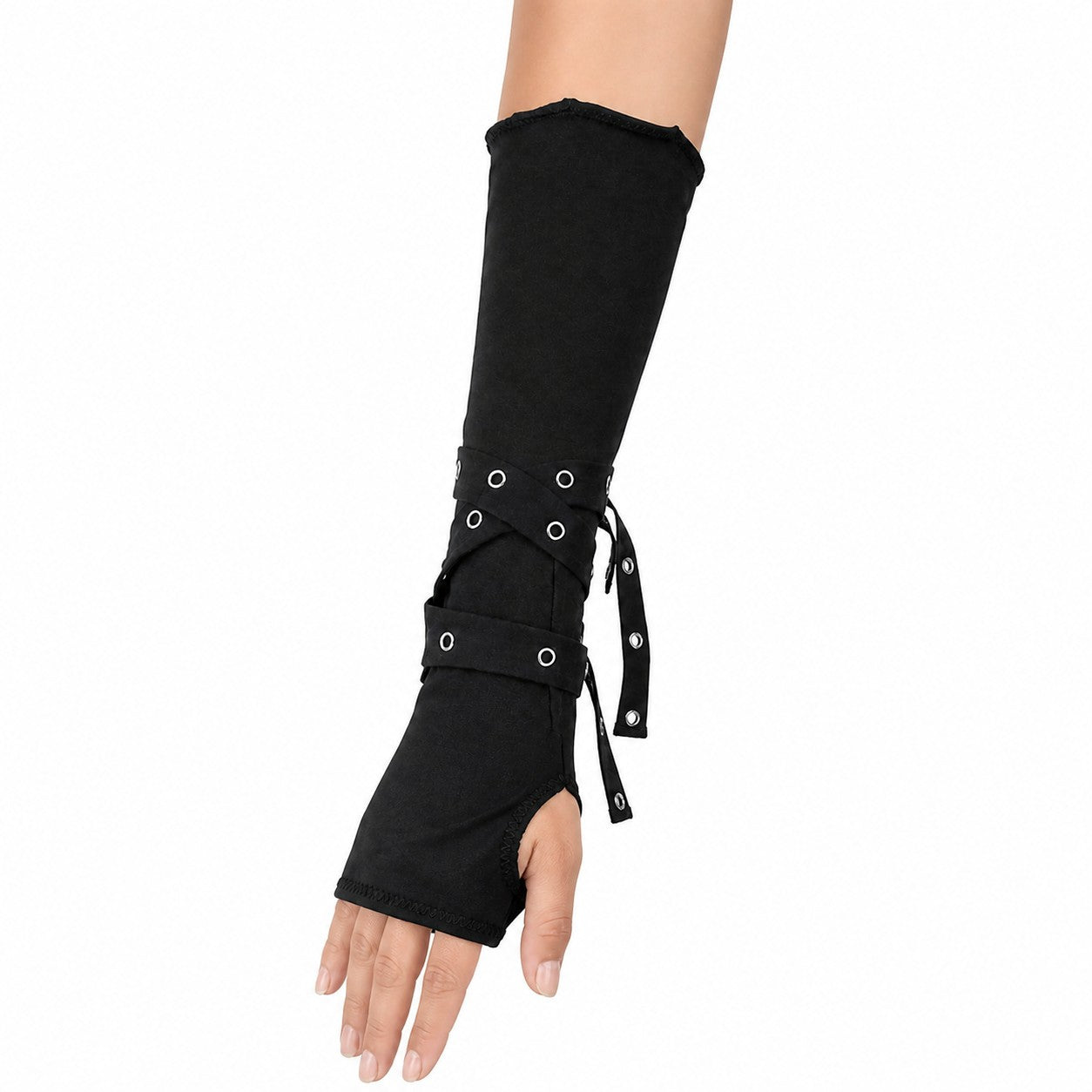 Eyelet Strap Long Fingerless Arm Gloves worn - AltBrat