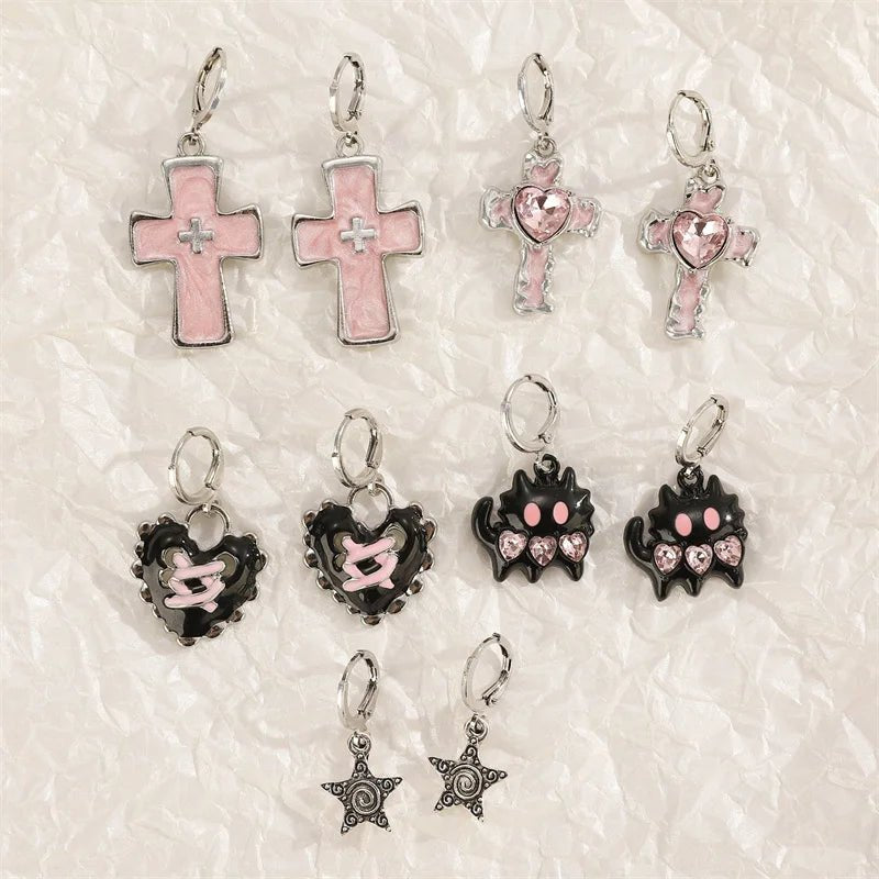 Goth Vintage Cute Bowknot Pink Strawberry Heart Star Pendant Earrings Egirl Gothic 2000s Y2K EMO Rave Jewelry Scene Acce - AltBrat