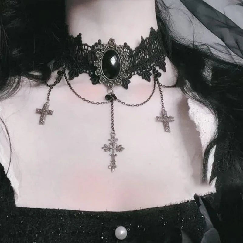 Gothic Lolita Black Lace short chain Choker Sexy Tassels Necklace Hollow out Big Rose Flower Punk Handmade Wedding Jewel - AltBrat
