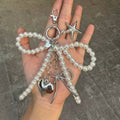 Elegant Pearl Bow Heart Star Bag Charm Keychain, Silver Plated Heart Star Pendant, Aesthetic Pearl Purse Key Ring Access - AltBrat