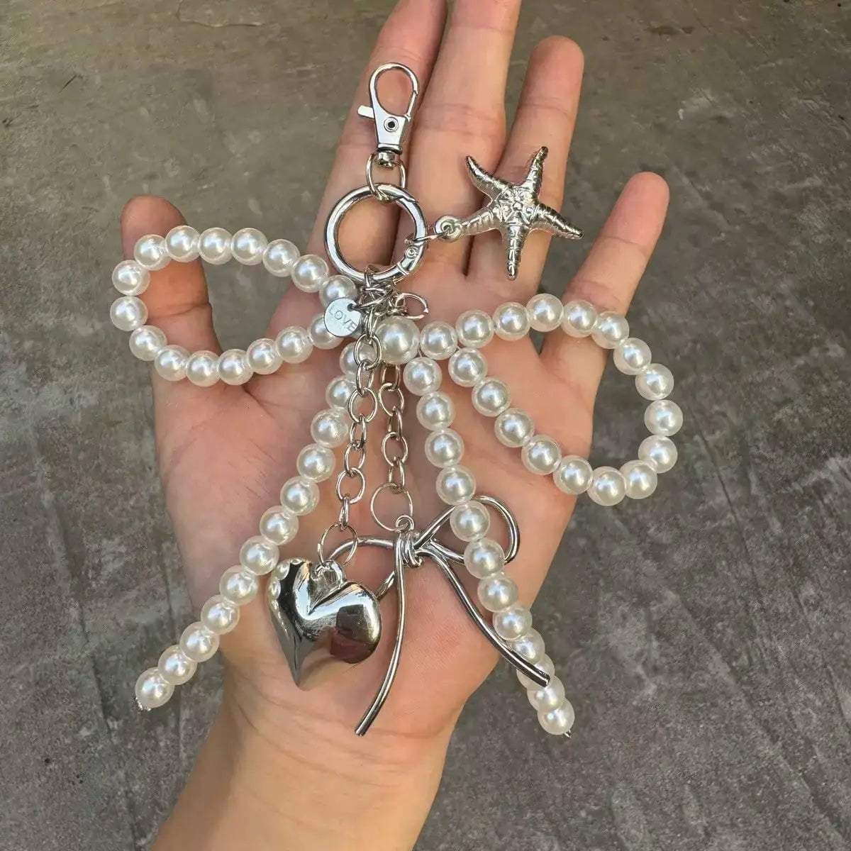 Elegant Pearl Bow Heart Star Bag Charm Keychain, Silver Plated Heart Star Pendant, Aesthetic Pearl Purse Key Ring Access - AltBrat