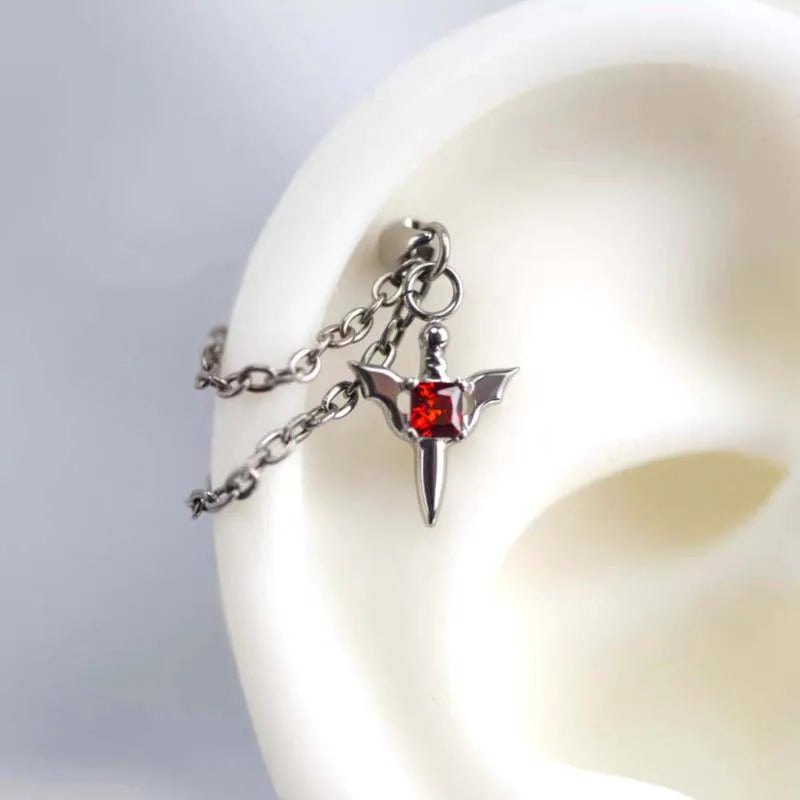 Stainless Steel Red Zircon Wing Chain Piercing Earring for Women Men Gothic Silver Color Rivet Ear Bone Nail Earring Y2K - AltBrat