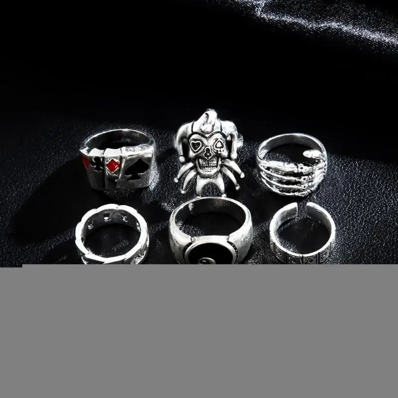 6Pcs Punk Poker Joker Silver Color Rings Set for Men Goth Skeleton Billiards Set Couple Emo Fashion Jewelry Anillos Homb - AltBrat