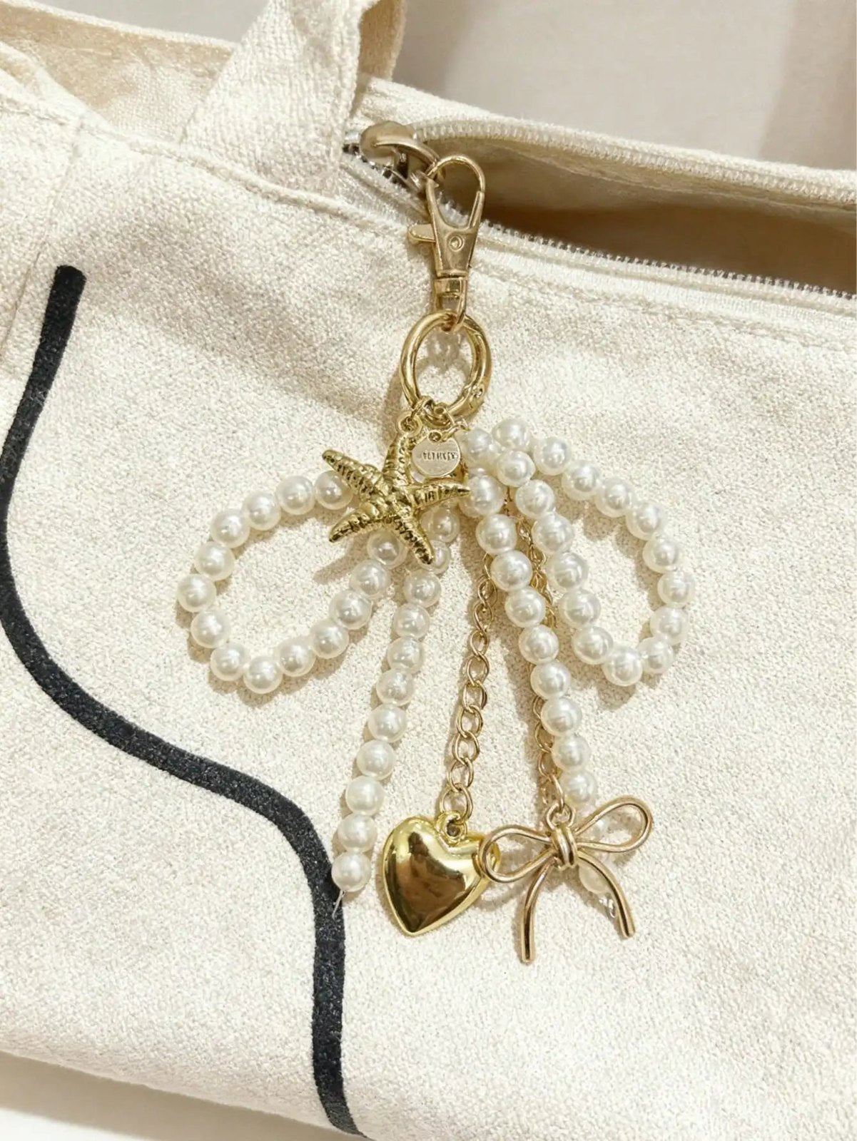 Elegant Pearl Bow Heart Star Bag Charm Keychain, Silver Plated Heart Star Pendant, Aesthetic Pearl Purse Key Ring Access - AltBrat