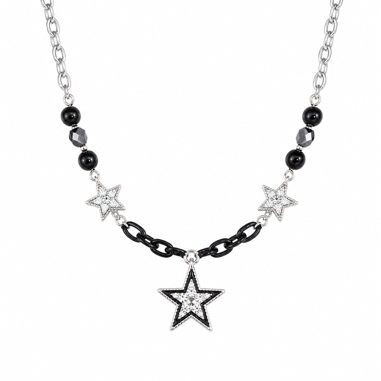 Black Bead & Rhinestone Star Necklace