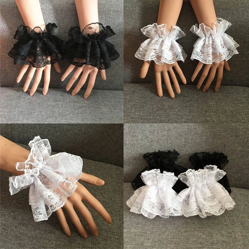 Lolita Hand Sleeve Wrist Cuffs Ruffled Floral Black Lace Elastic Bracelet Elegant Ladies Short Lace Gloves Halloween - AltBrat