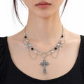 Pearl & Barbed Wire Gothic Cross Necklace - AltBrat