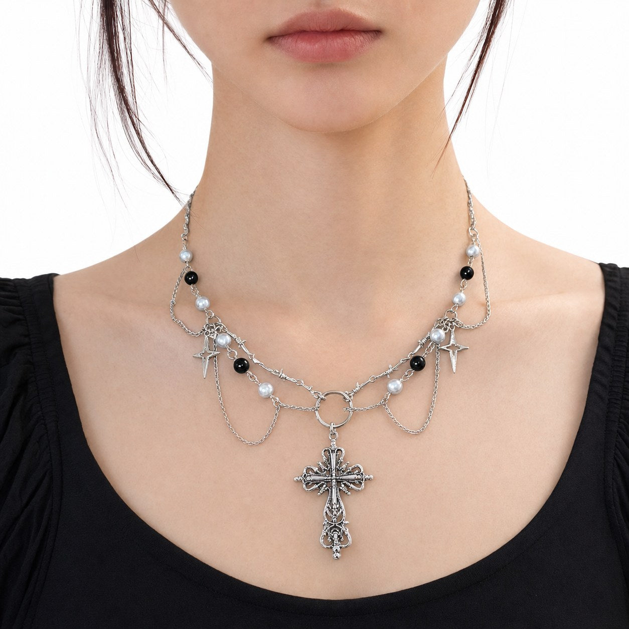Pearl & Barbed Wire Gothic Cross Necklace - AltBrat