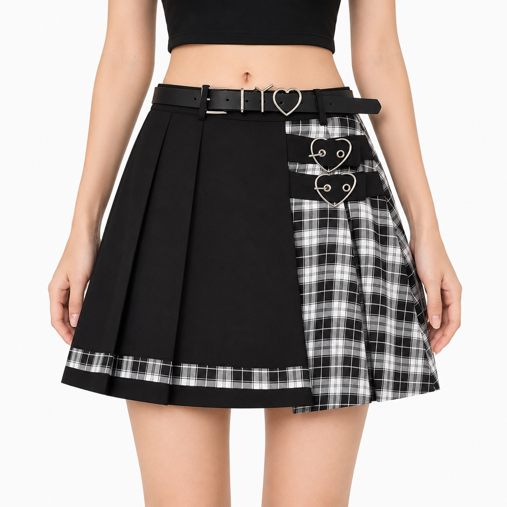Black & Plaid Asymmetric Pleated Skirt with Heart Belt — AltBrat