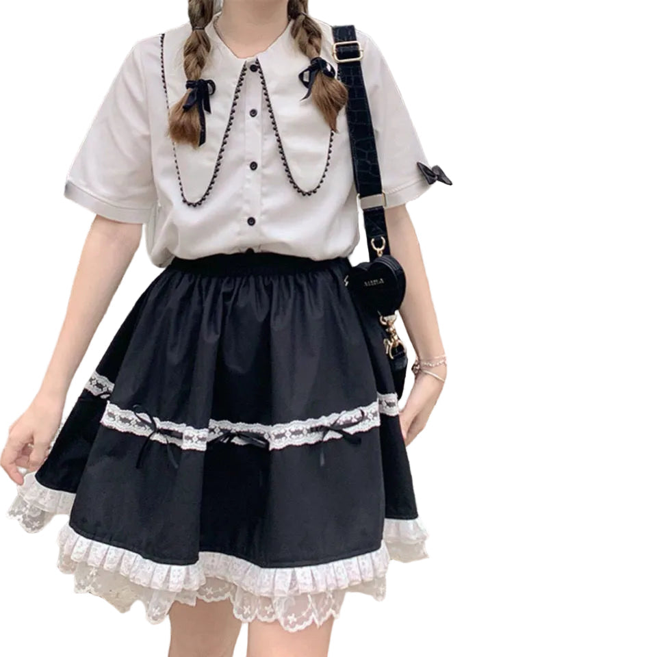 Black Lace Bow Tiered Lolita Mini Skirt