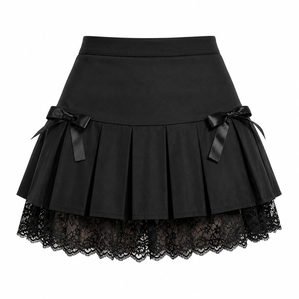 Black Pleated Mini Skirt with Bows & Lace Hem