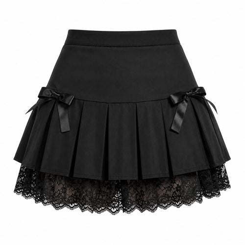 Black Pleated Mini Skirt with Bows & Lace Hem