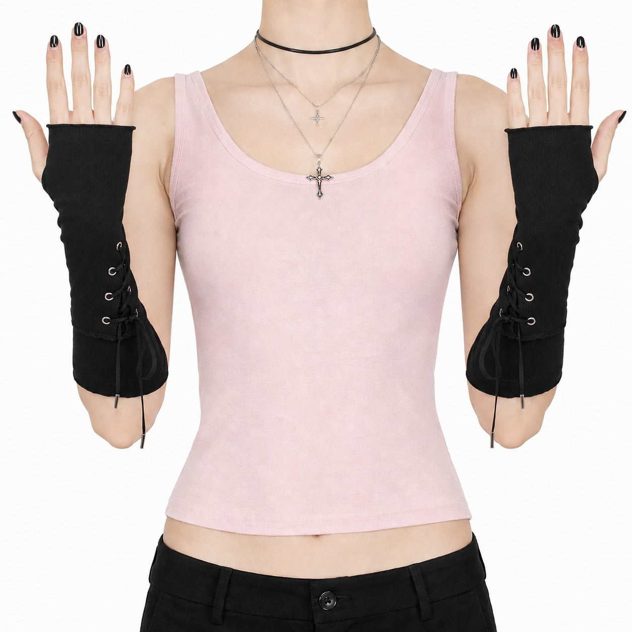 Grommet Strap Fingerless Long Arm Warmers